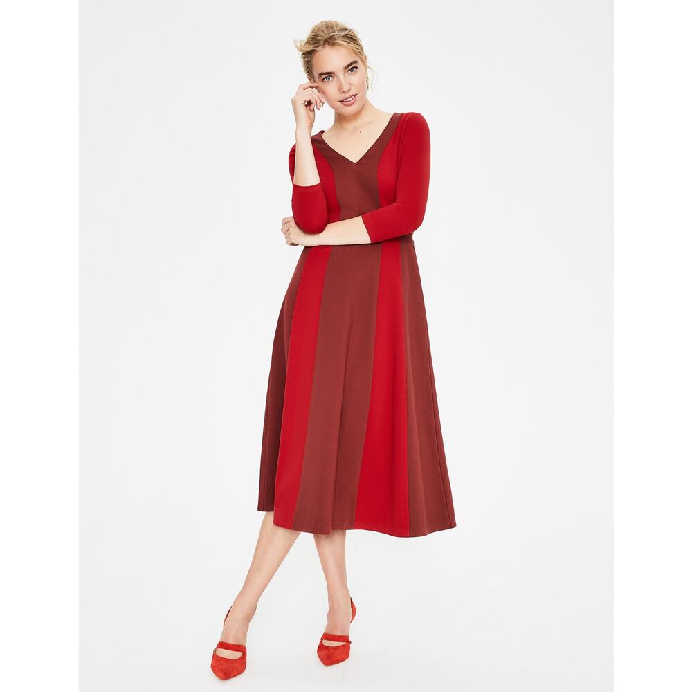 BODEN | Erin Ponte Midi Dress Red Burgundy Colorblock Fit Flare NWT | 2 Petite